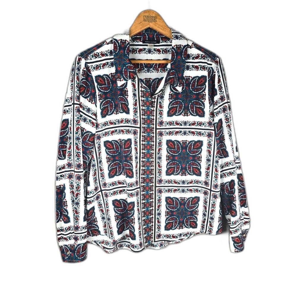 Tommy Hilfiger Button Up Blouse XL Multicolor Paisley Scarf Print Logo Buttons